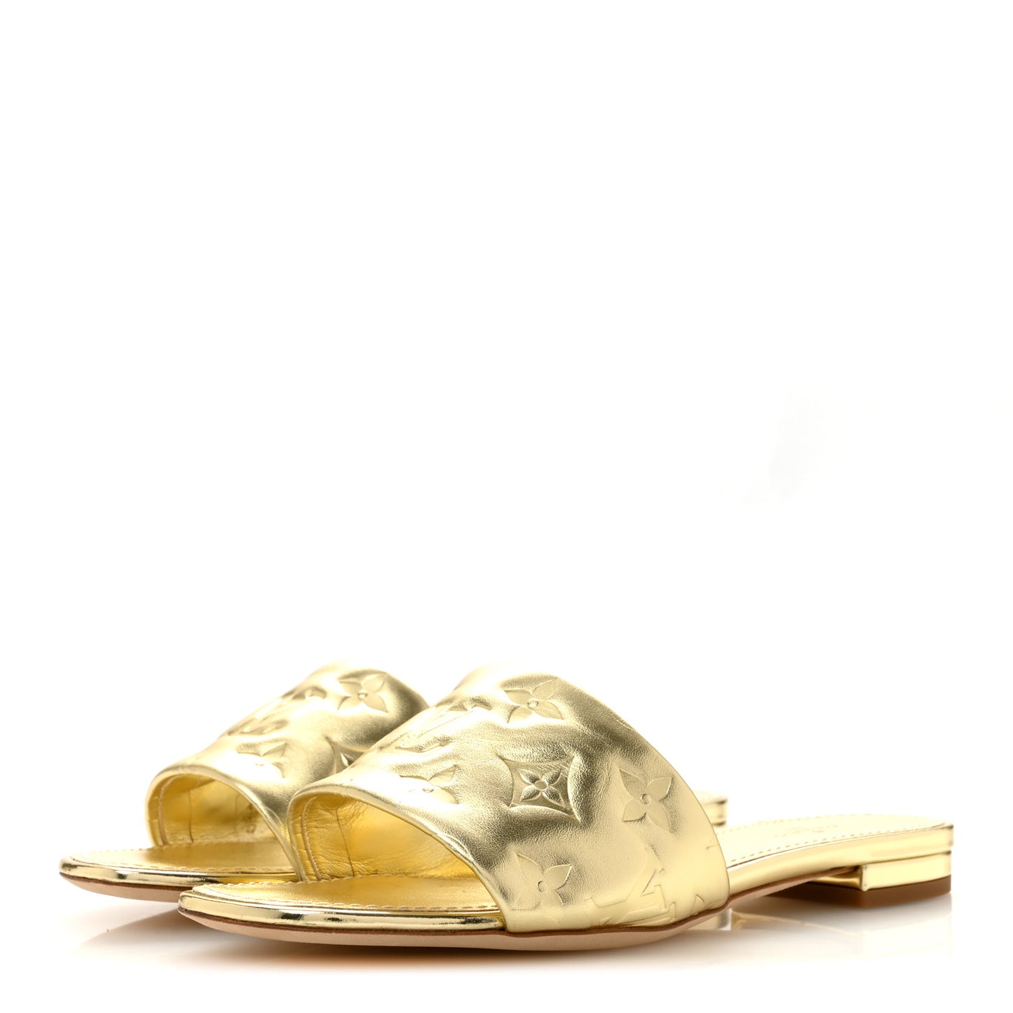 Metallic Lambskin Embossed Monogram Revival Flat Mules 38 Gold