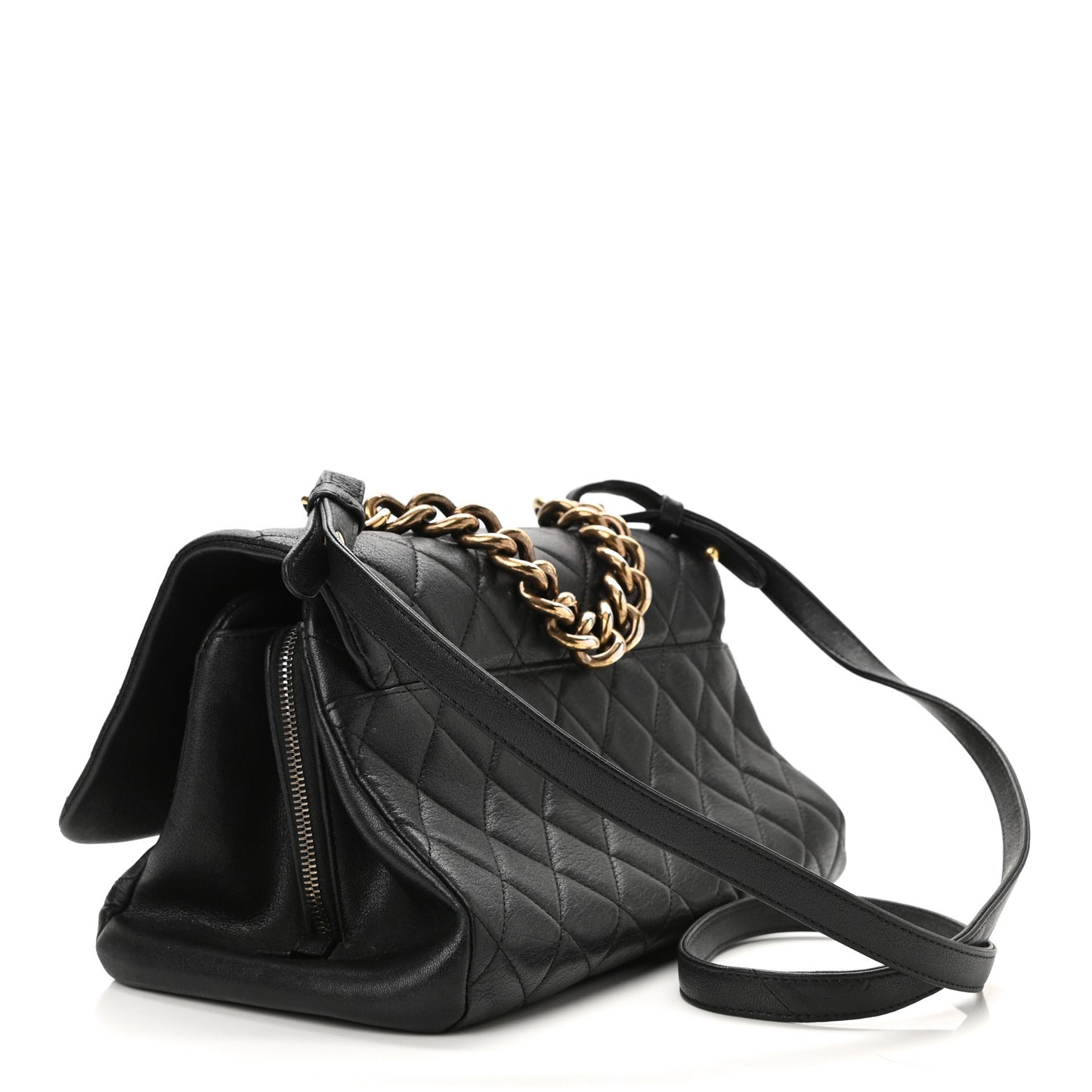 Shiny Sheepskin Quilted Large Trapezio Flap Black