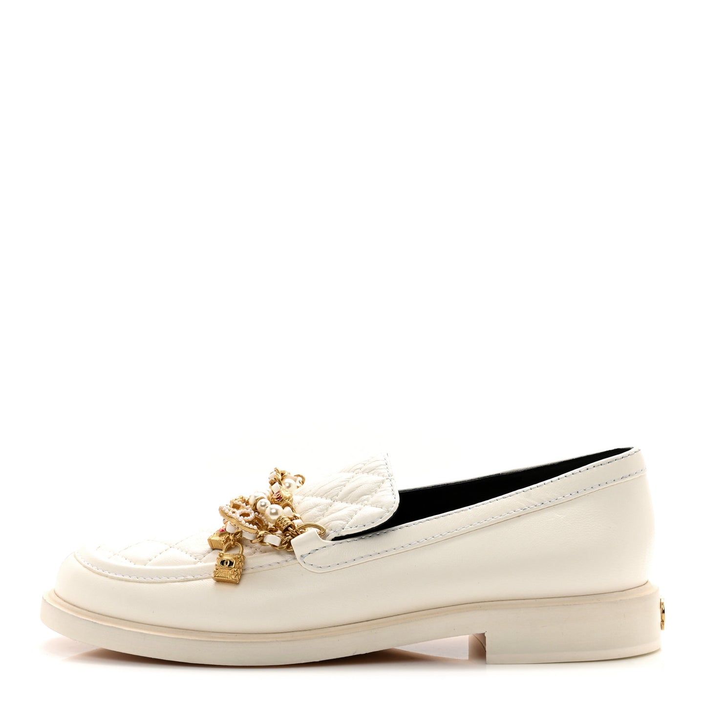 Lambskin Pearl Crystal Quilted CC Logo Jewelry Loafers 38.5 White