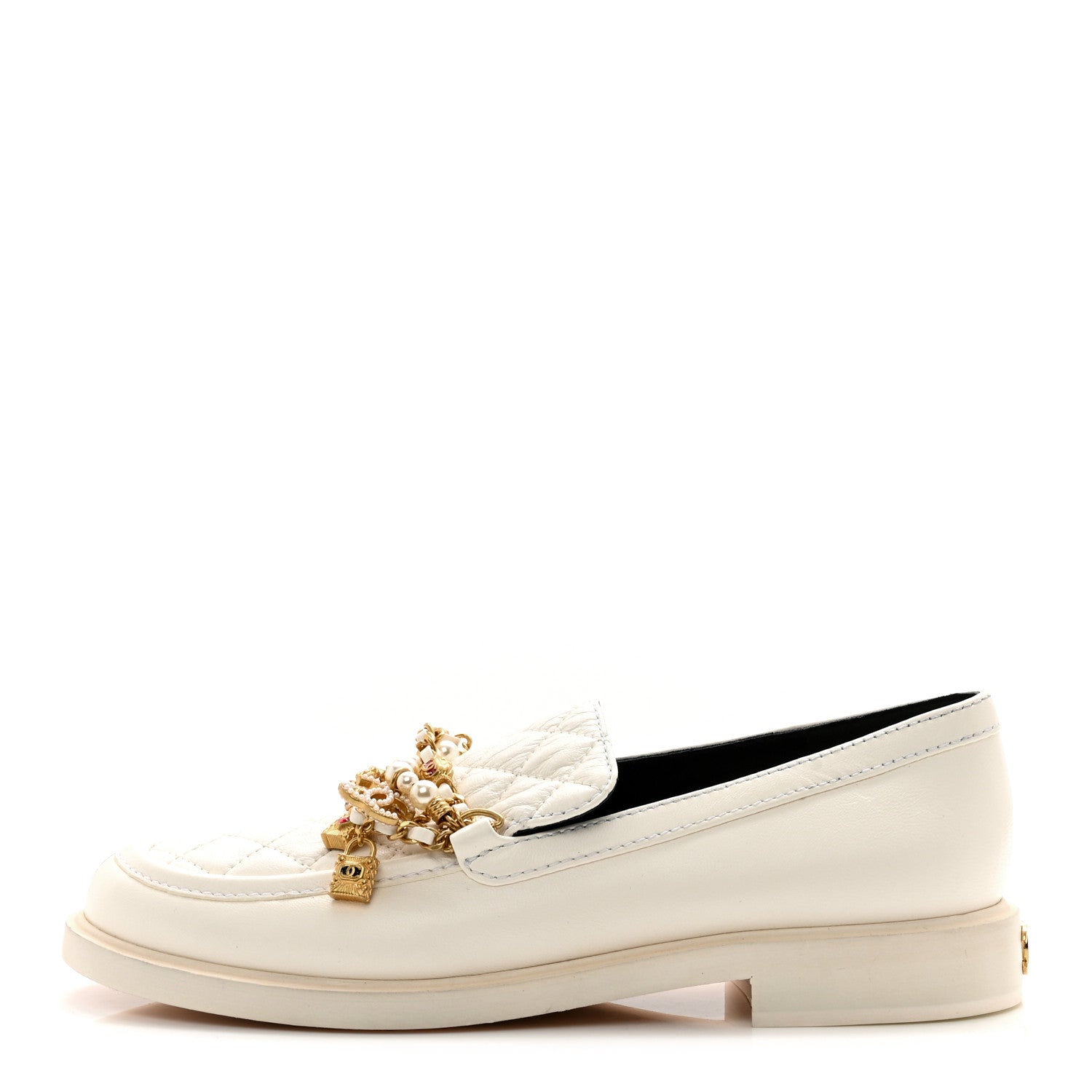 Chanel Lambskin Pearl Crystal Quilted CC Logo Jewelry Loafers 38.5 White 1 of 9