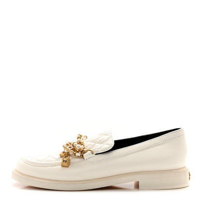 Chanel Lambskin Pearl Crystal Quilted CC Logo Jewelry Loafers 38.5 White 1 of 9