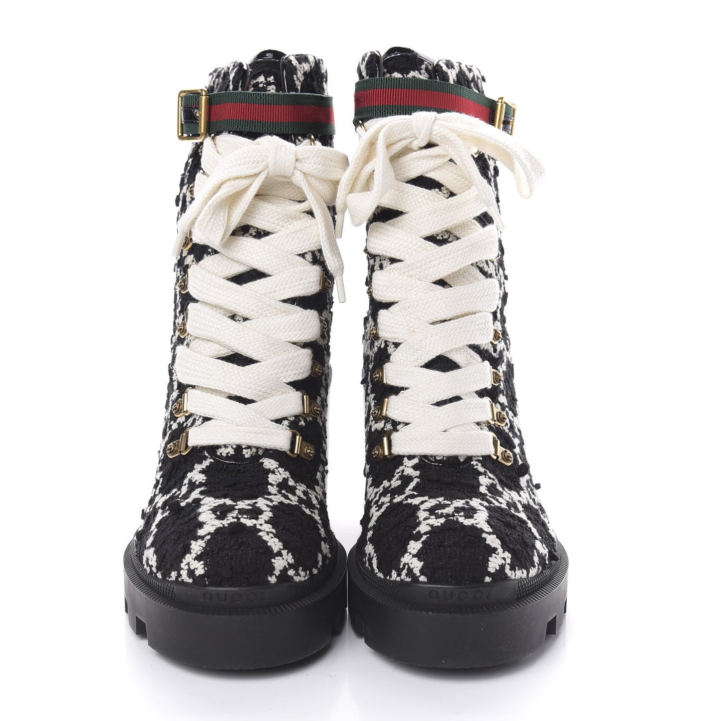 Tweed GG Monogram Lace Up Combat Ankle Boots 41 Black
