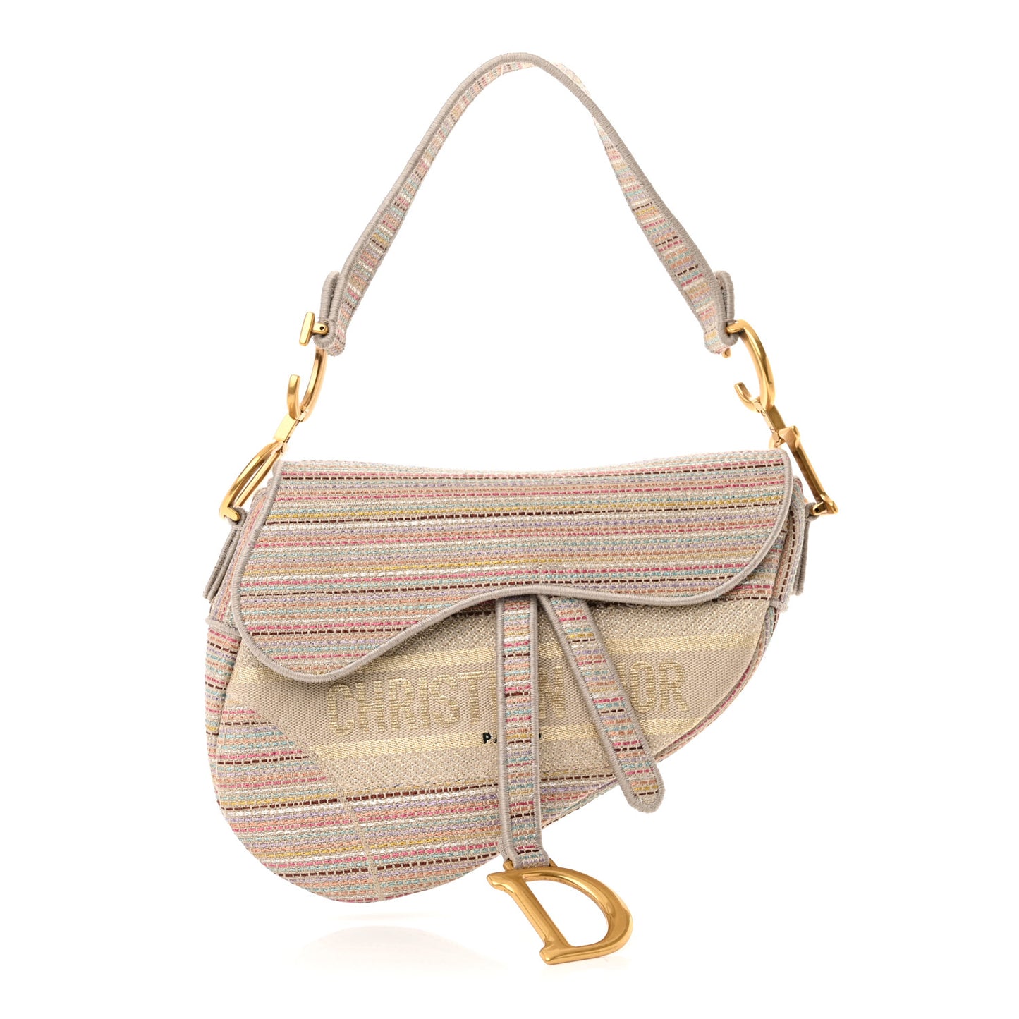 Canvas Embroidered Stripes Saddle Bag Beige Multicolor
