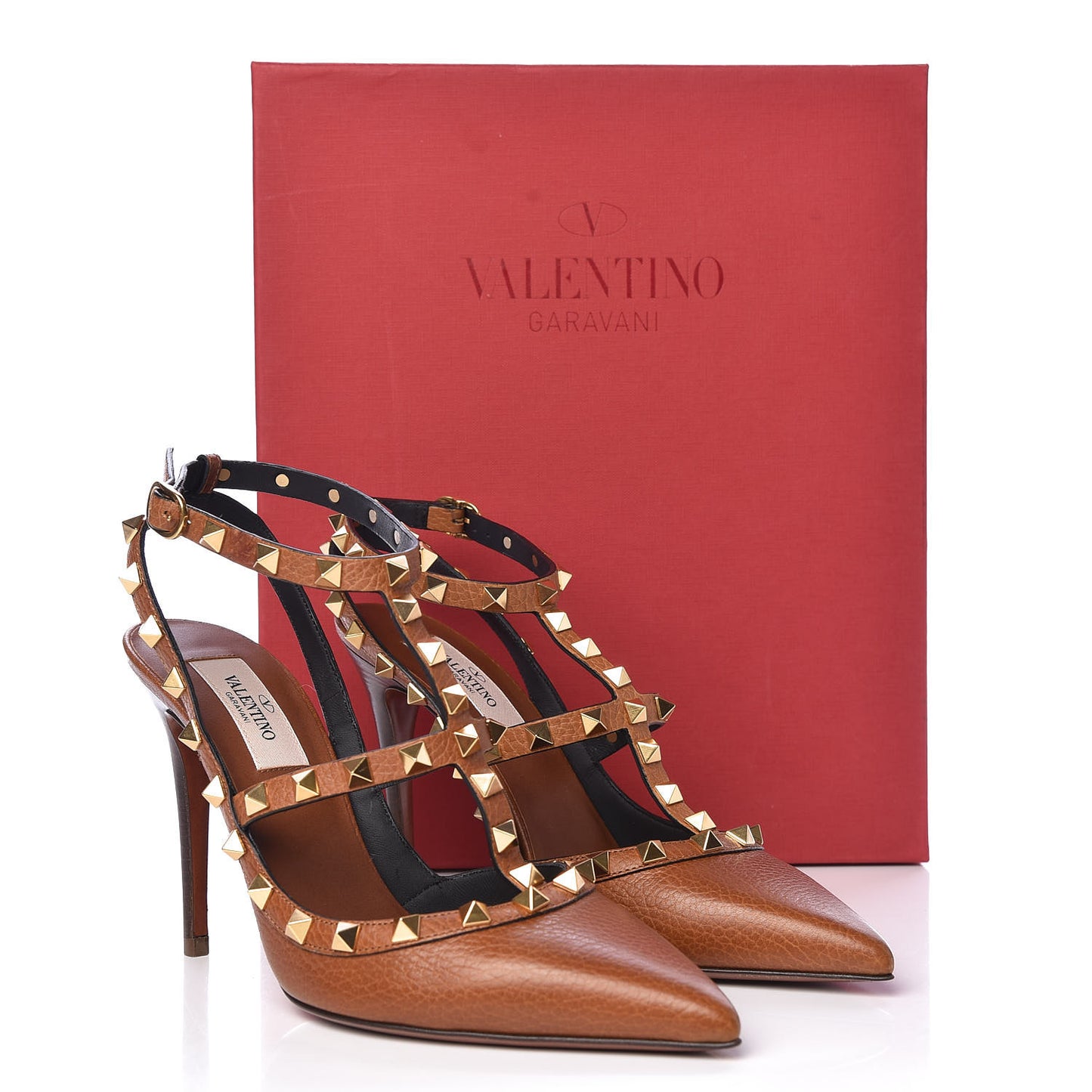 Pebbled Calfskin Rockstud Ankle Strap 100mm Pumps 37.5 Cuoio