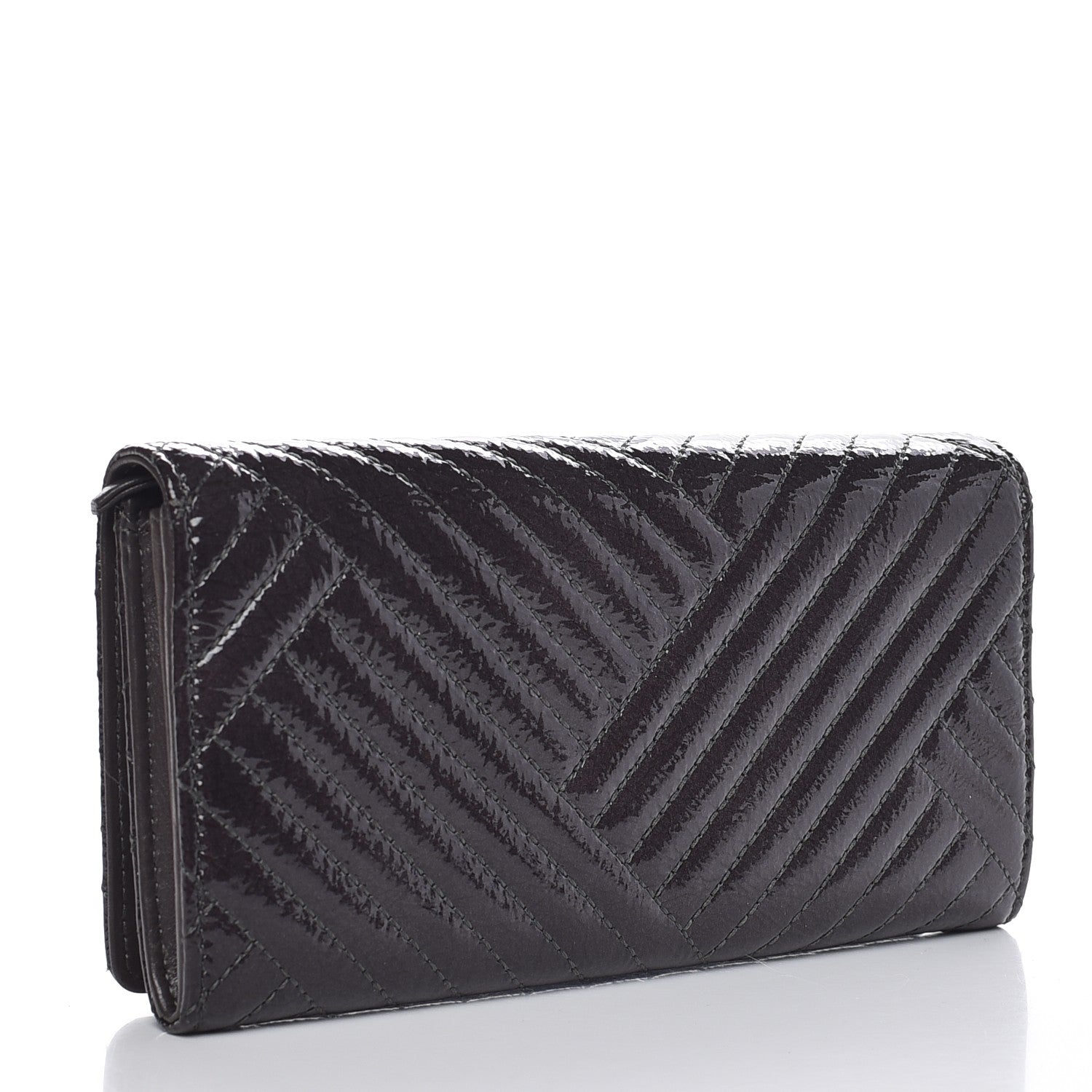 Chanel Distressed Patent Chevron Quilted CC Crossing Long Flap Wallet Grey 3 of 11
