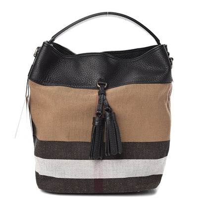 Burberry Grainy Calfskin Canvas Mega Check Medium Ashby Tassel Hobo Black 1 of 10