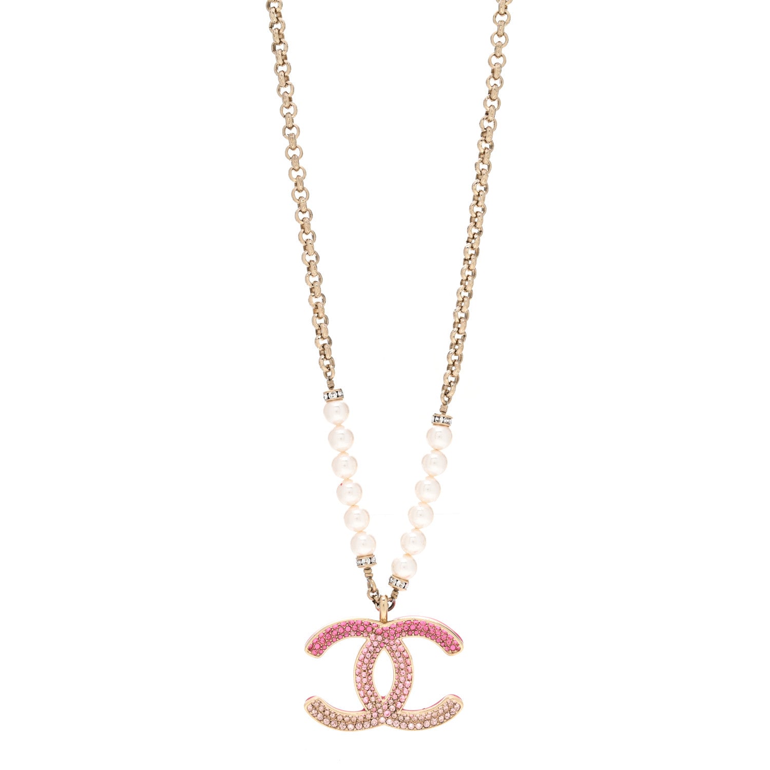 Chanel Pearl Crystal Resin CC Reversible Necklace Pink Gold White 1 of 7