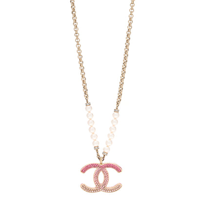 Chanel Pearl Crystal Resin CC Reversible Necklace Pink Gold White 1 of 7