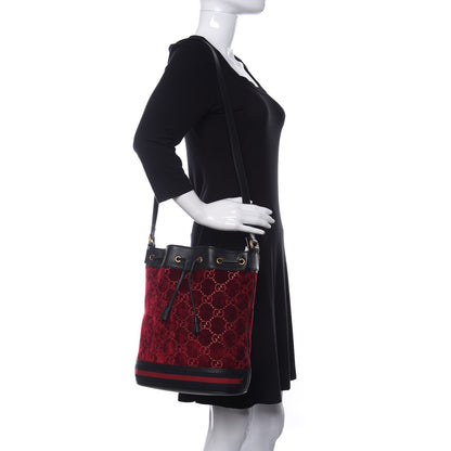 Gucci Velvet GG Monogram Textured Calfskin Web Bucket Bag Red Cipria Black 2 of 10