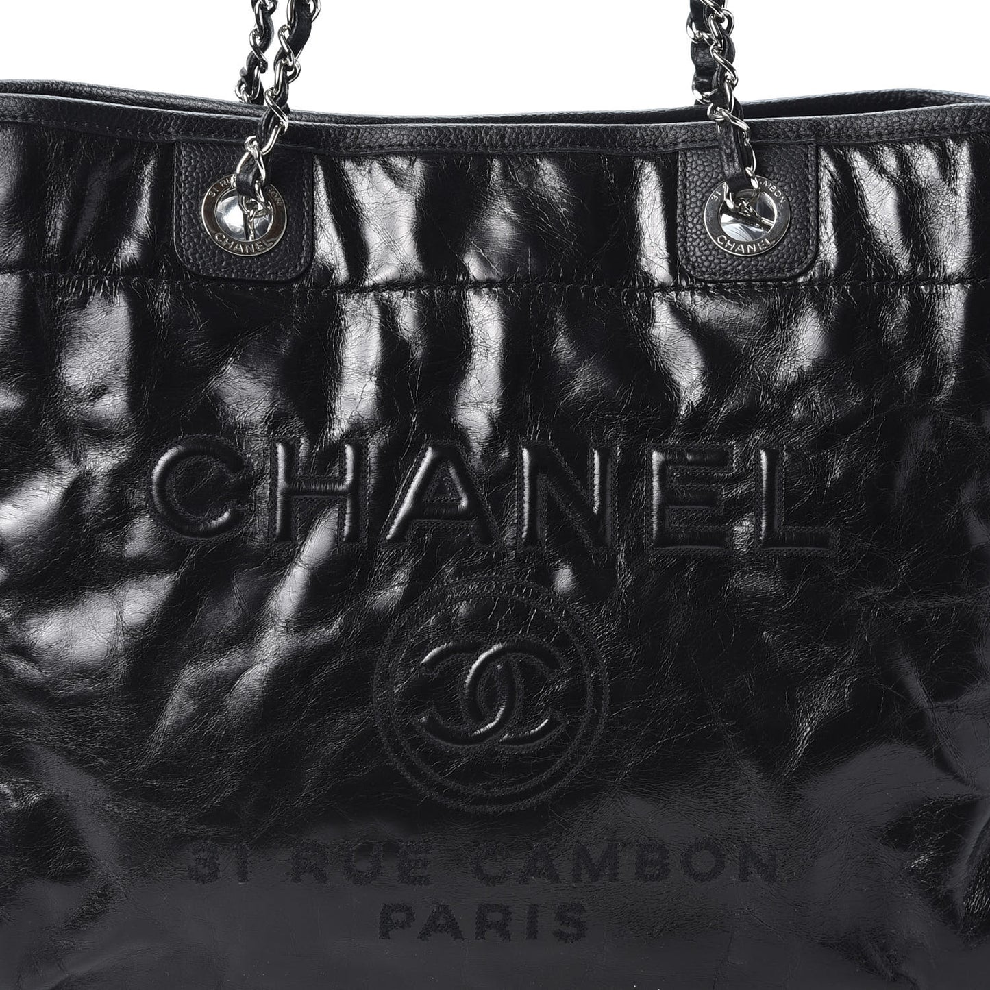 Glazed Calfskin Small Deauville Tote Black
