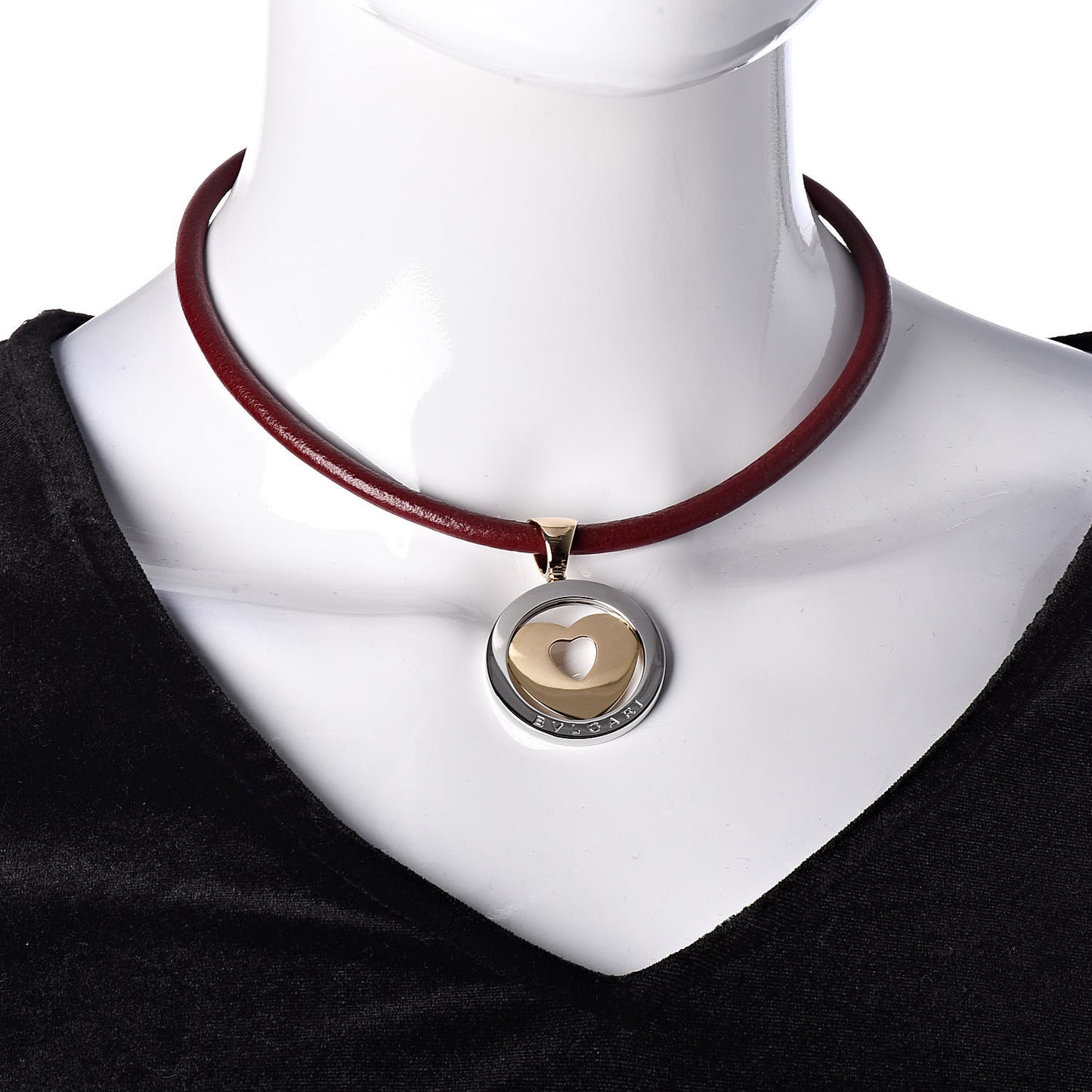 Stainless Steel 18K Yellow Gold Calfskin Tondo Heart Pendant Necklace Brown