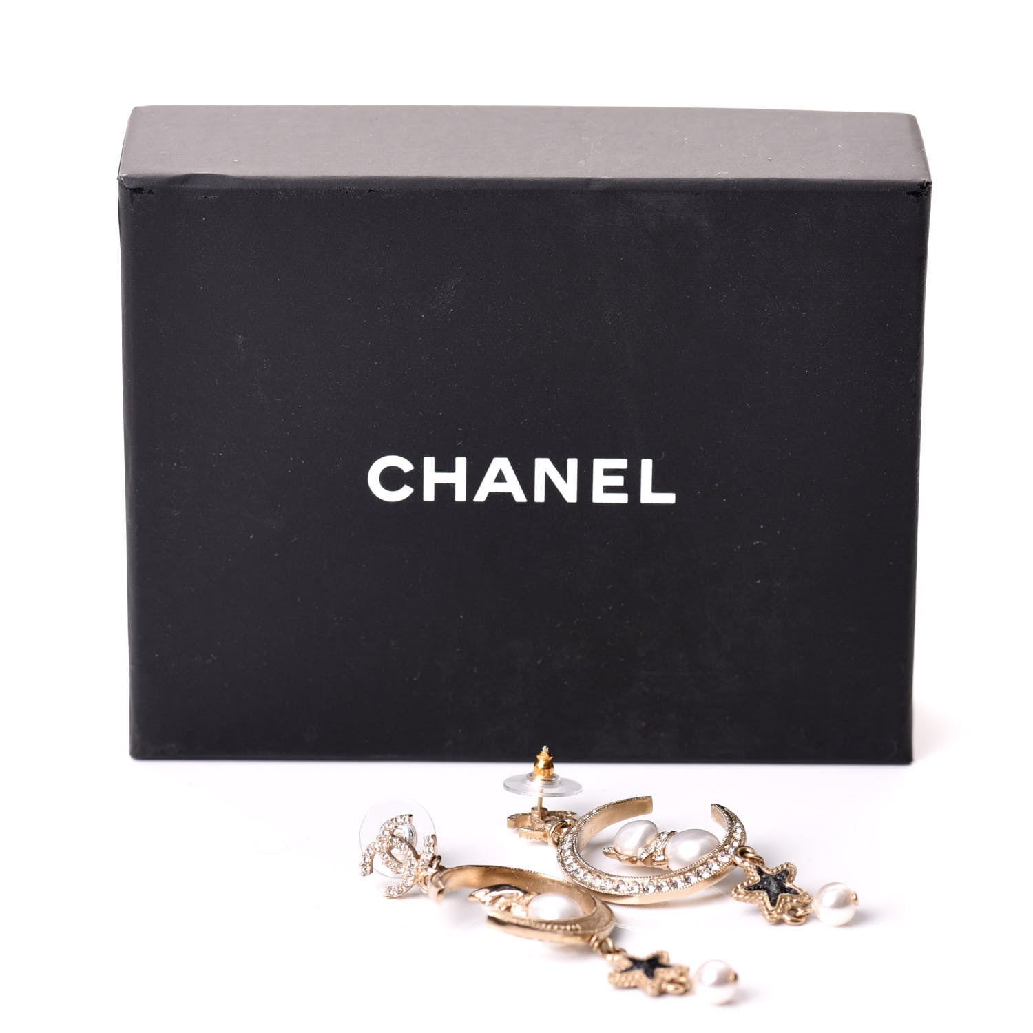Chanel Metal Glass Crystal CC Cat Moon Earrings Gold 5 of 5