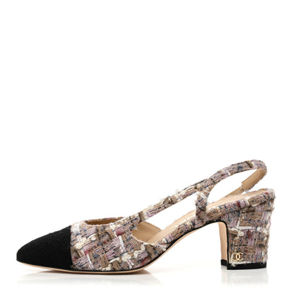 Chanel Tweed Cap Toe CC Slingback Pumps 37 Pink White 1 of 8