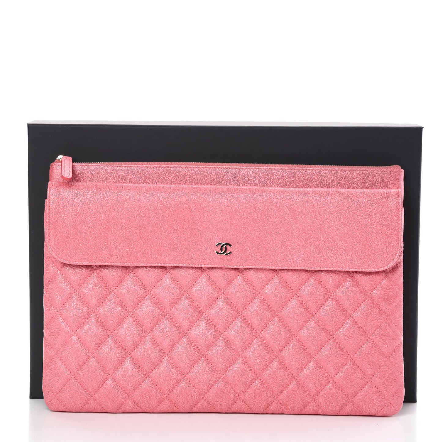 Iridescent Caviar Quilted Large Flap Cosmetic Case Pink