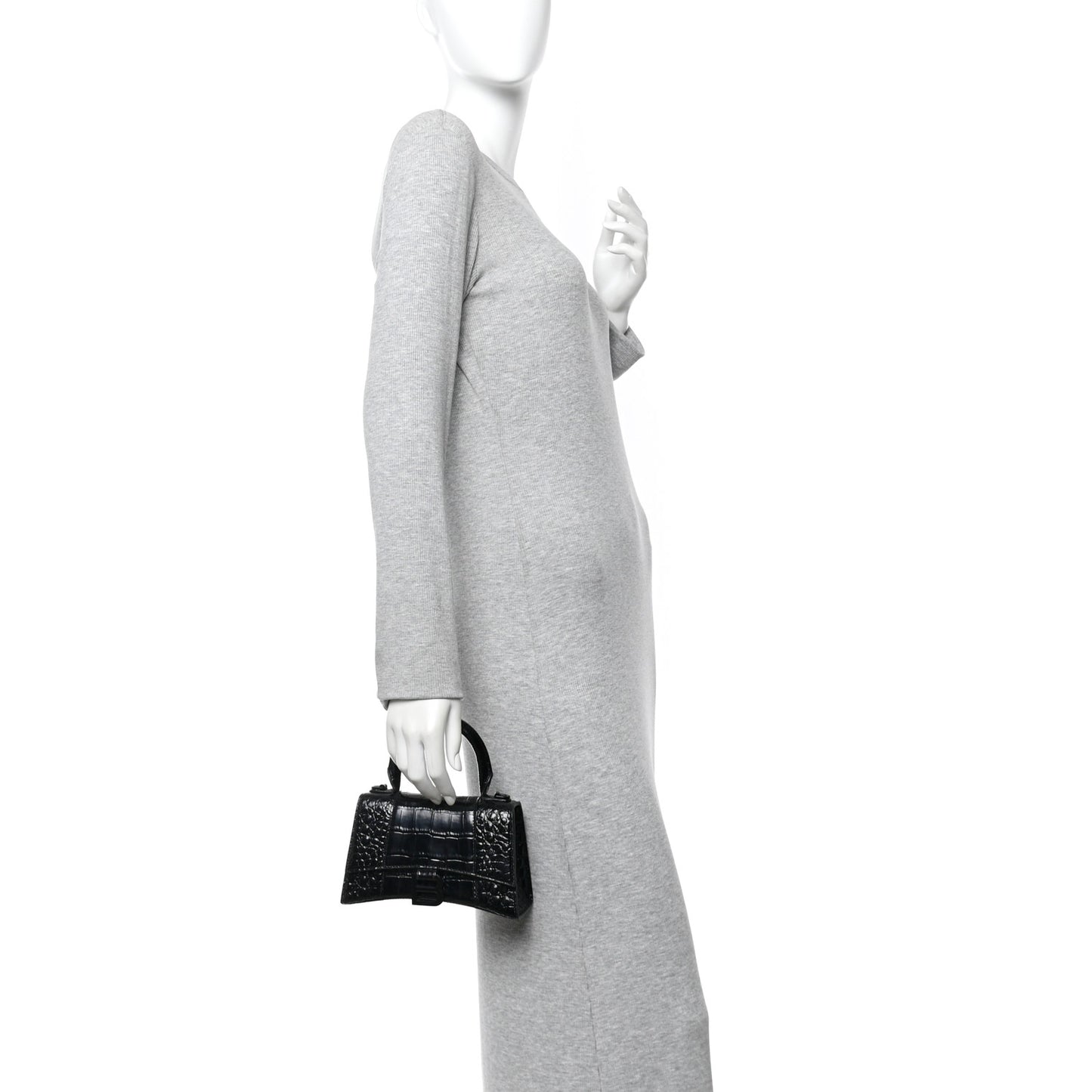 Shiny Calfskin Monochrome Crocodile Embossed Hourglass Top Handle Bag XS Black