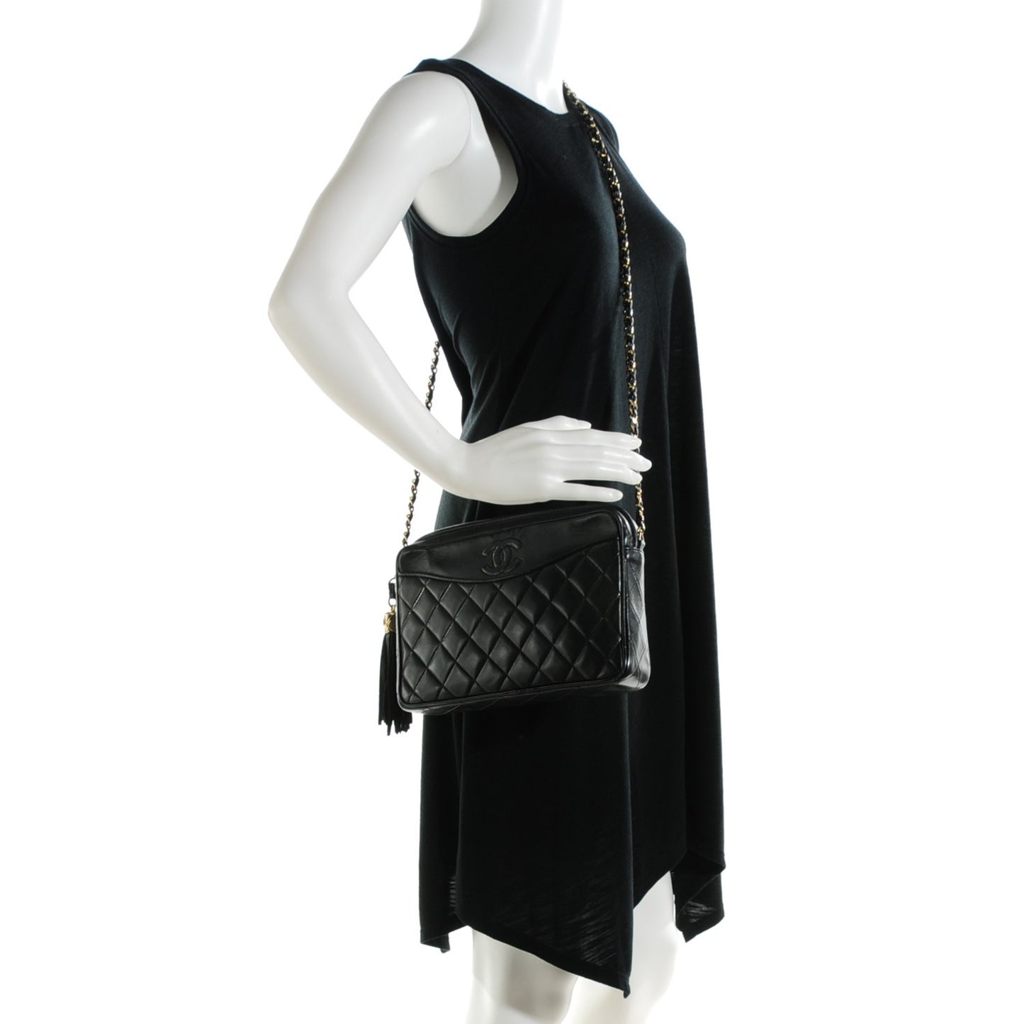 Lambskin Quilted Tassel Camera Case Black