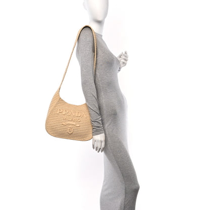 Prada Yarn Raffia Effect Crochet Embroidered Logo Hobo Naturale 3 of 13