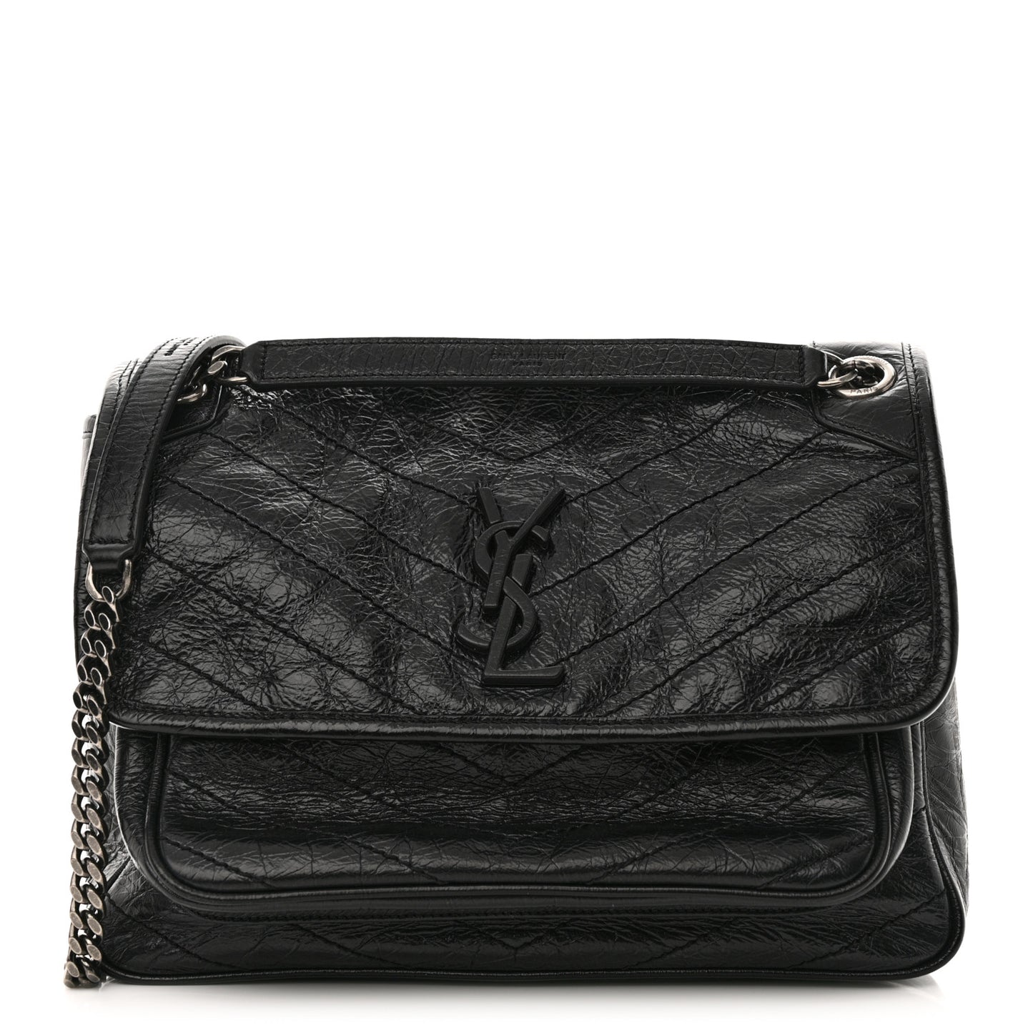 Crinkled Calfskin Matelasse Monogram Medium Niki Chain Satchel Black