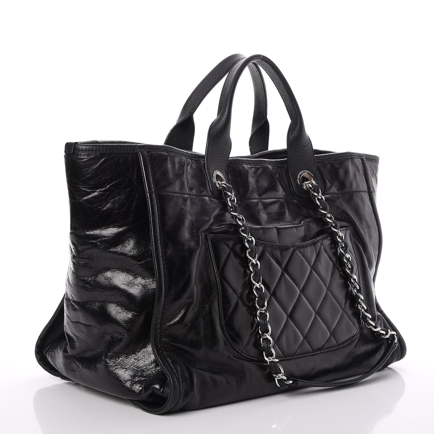 Glazed Calfskin Large Deauville Tote Black