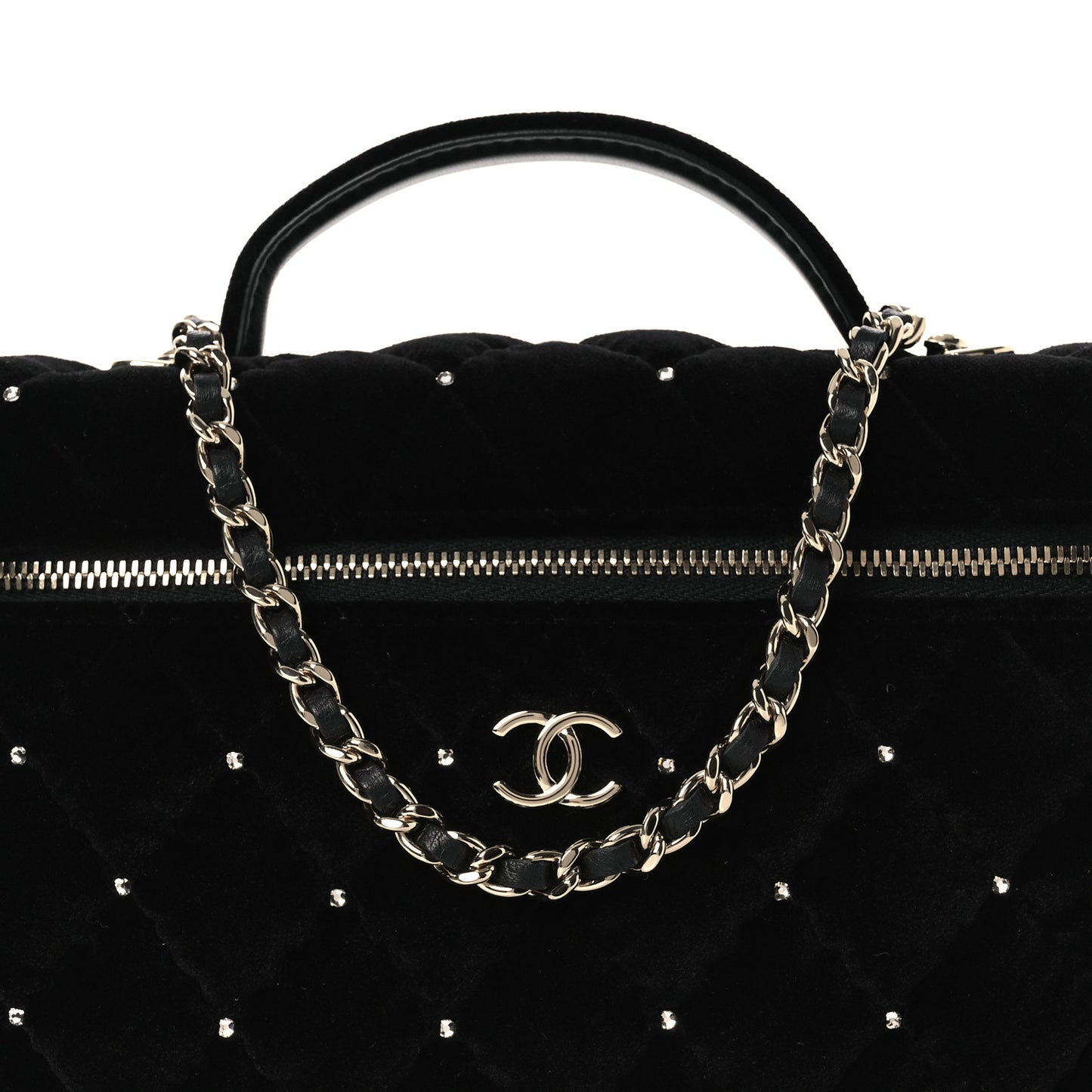 Velvet Diamanté Quilted Top Handle Slim Vanity Case With Chain Black
