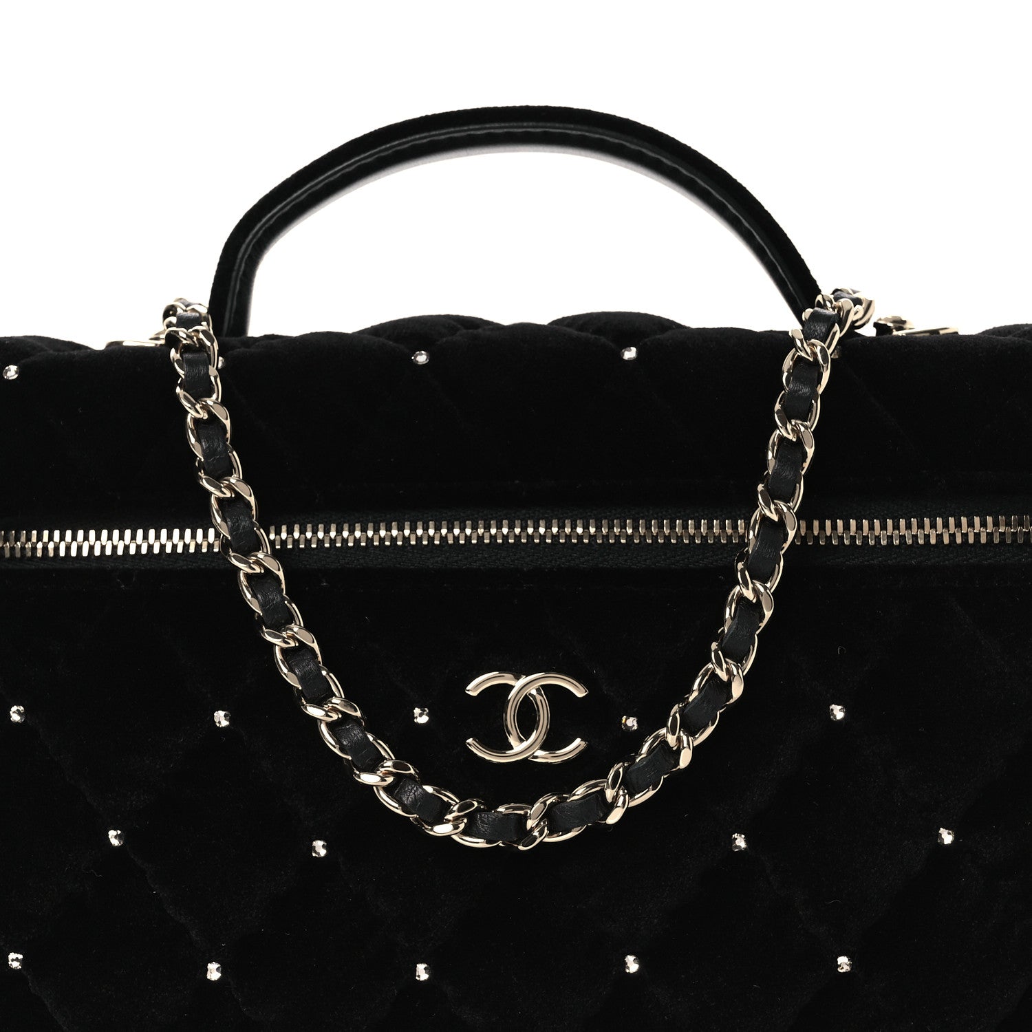 Chanel Velvet Diamanté Quilted Top Handle Slim Vanity Case With Chain Black 8 of 10