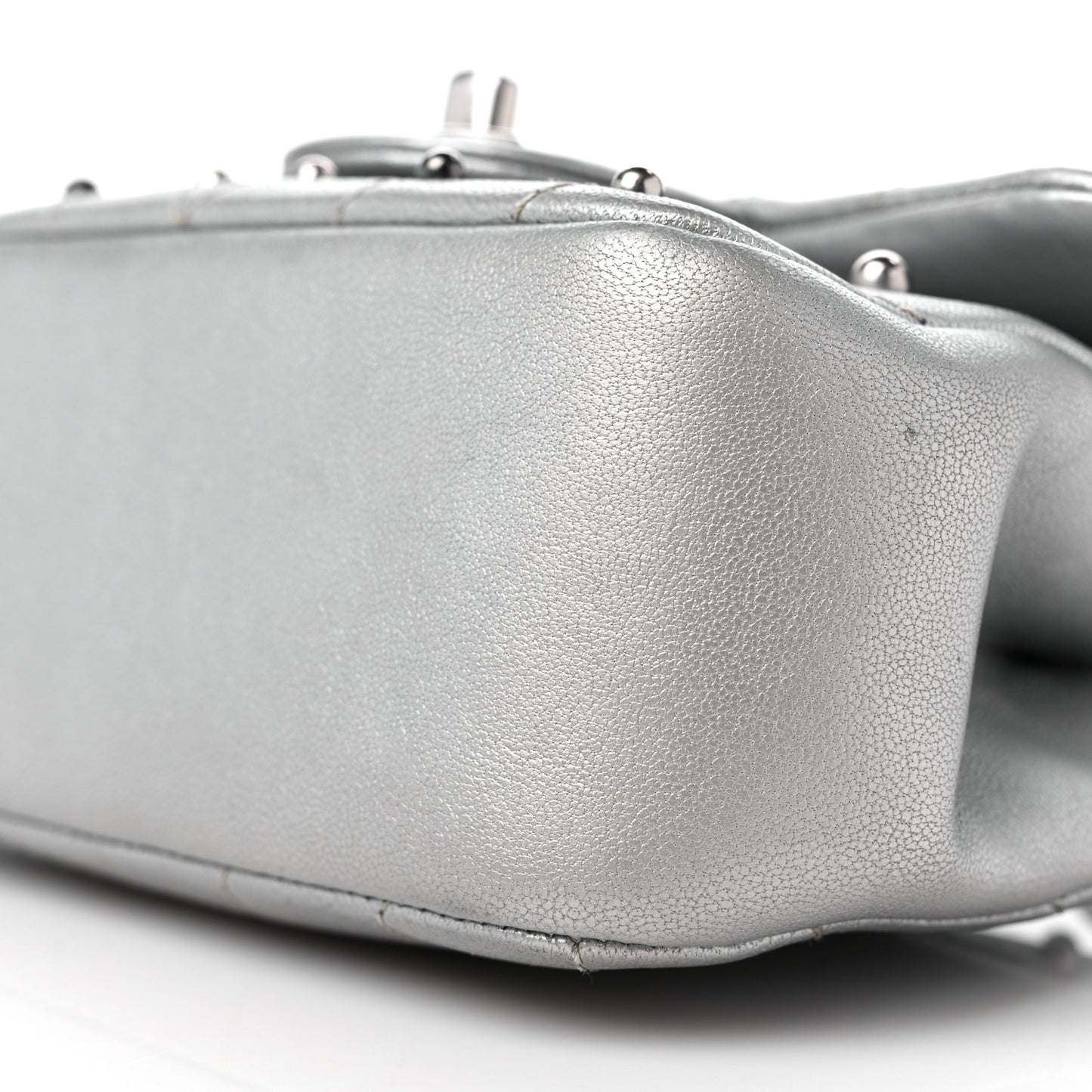 Metallic Lambskin Chevron Quilted Studded Extra Mini Flap Silver