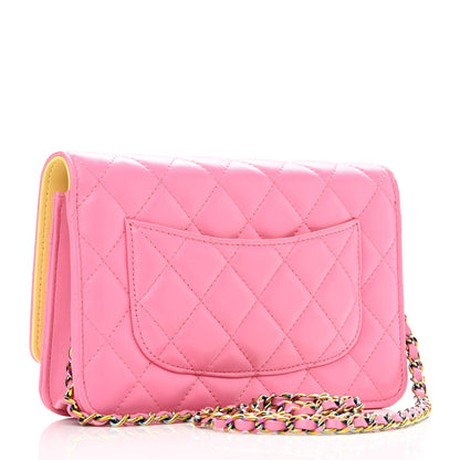 Chanel Lambskin Quilted Wallet On Chain WOC Pink Yellow 3 of 10