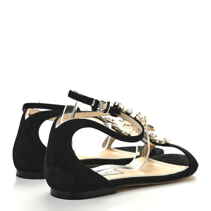 Jimmy Choo Suede Crystal Averie T-Strap Flat Sandals 38 Black 4 of 7
