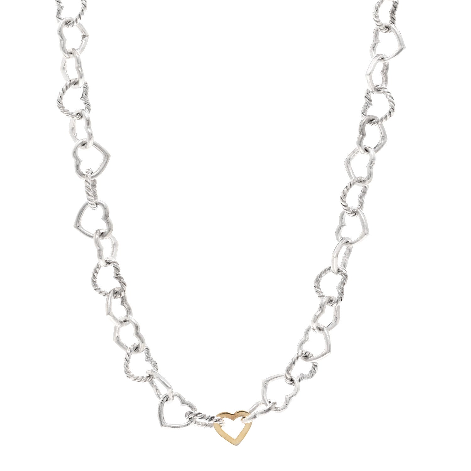 David Yurman Sterling Silver 18K Yellow Gold Cable Heart Link Necklace 1 of 4