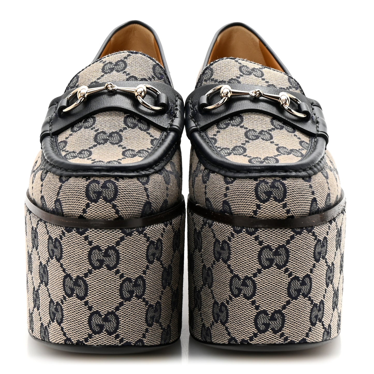 Canvas GG Monogram Horsebit Calfskin Womens Horsebit Platform Loafers 38.5 Beige Blue