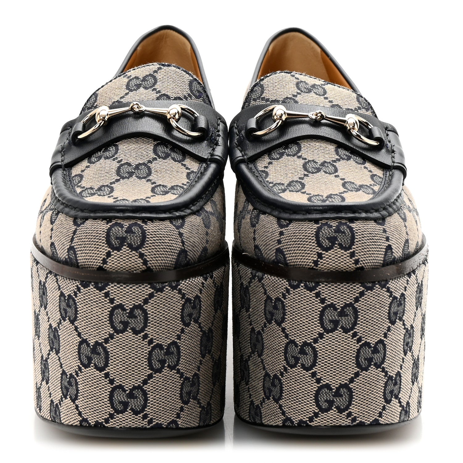 Gucci Canvas GG Monogram Horsebit Calfskin Womens Horsebit Platform Loafers 38.5 Beige Blue 3 of 10