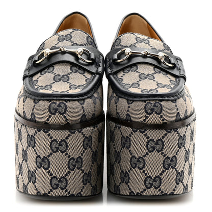 Gucci Canvas GG Monogram Horsebit Calfskin Womens Horsebit Platform Loafers 38.5 Beige Blue 3 of 10