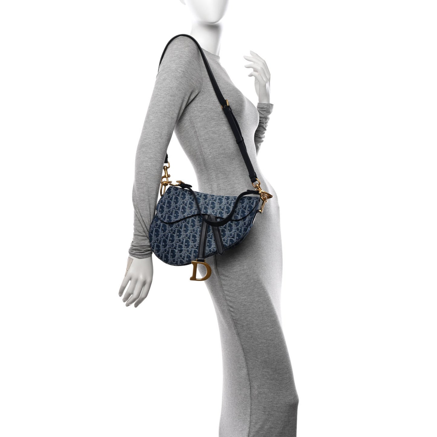 Denim Oblique Jacquard Saddle Bag With Strap Blue