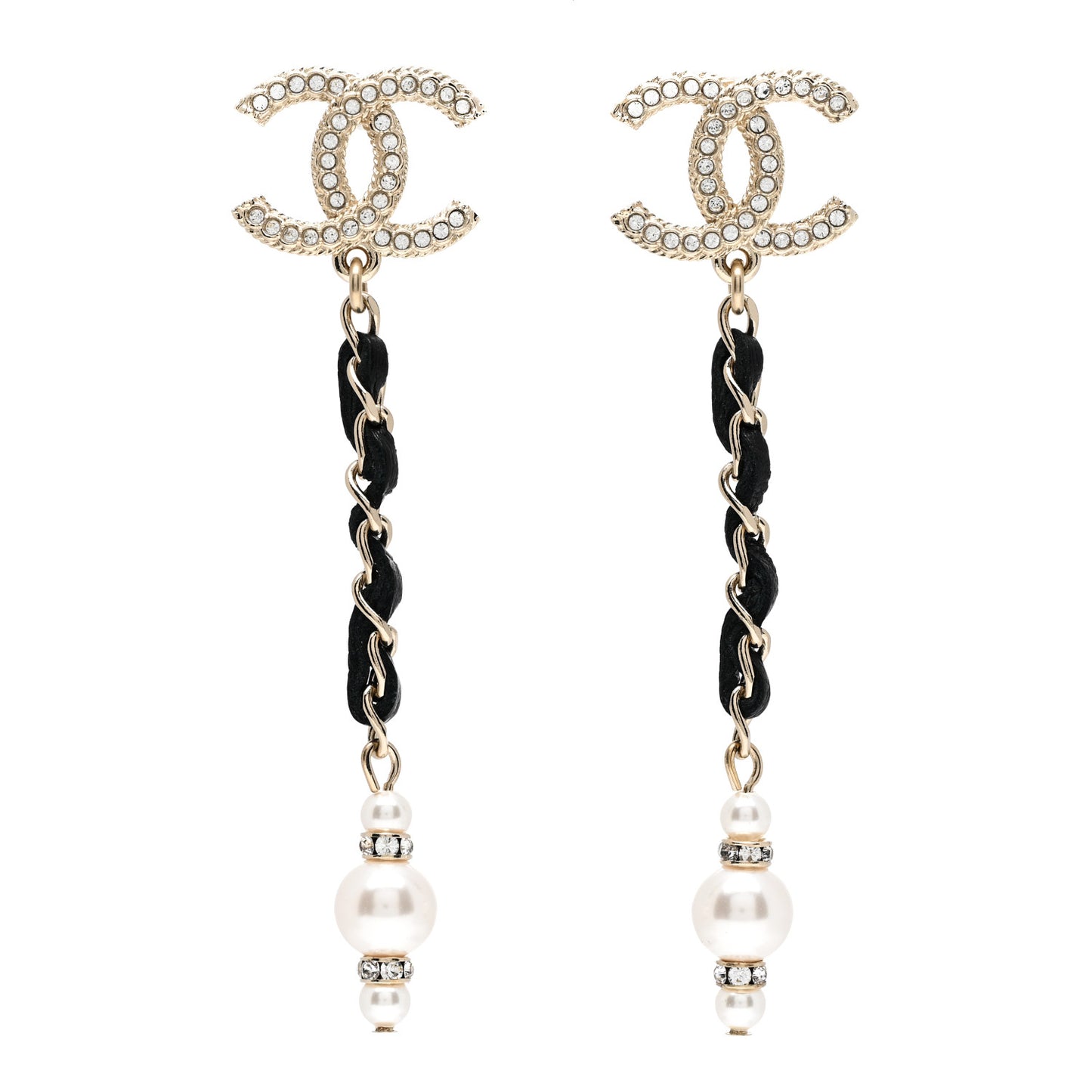 Lambskin Chain Crystal Pearl CC Drop Earrings Gold