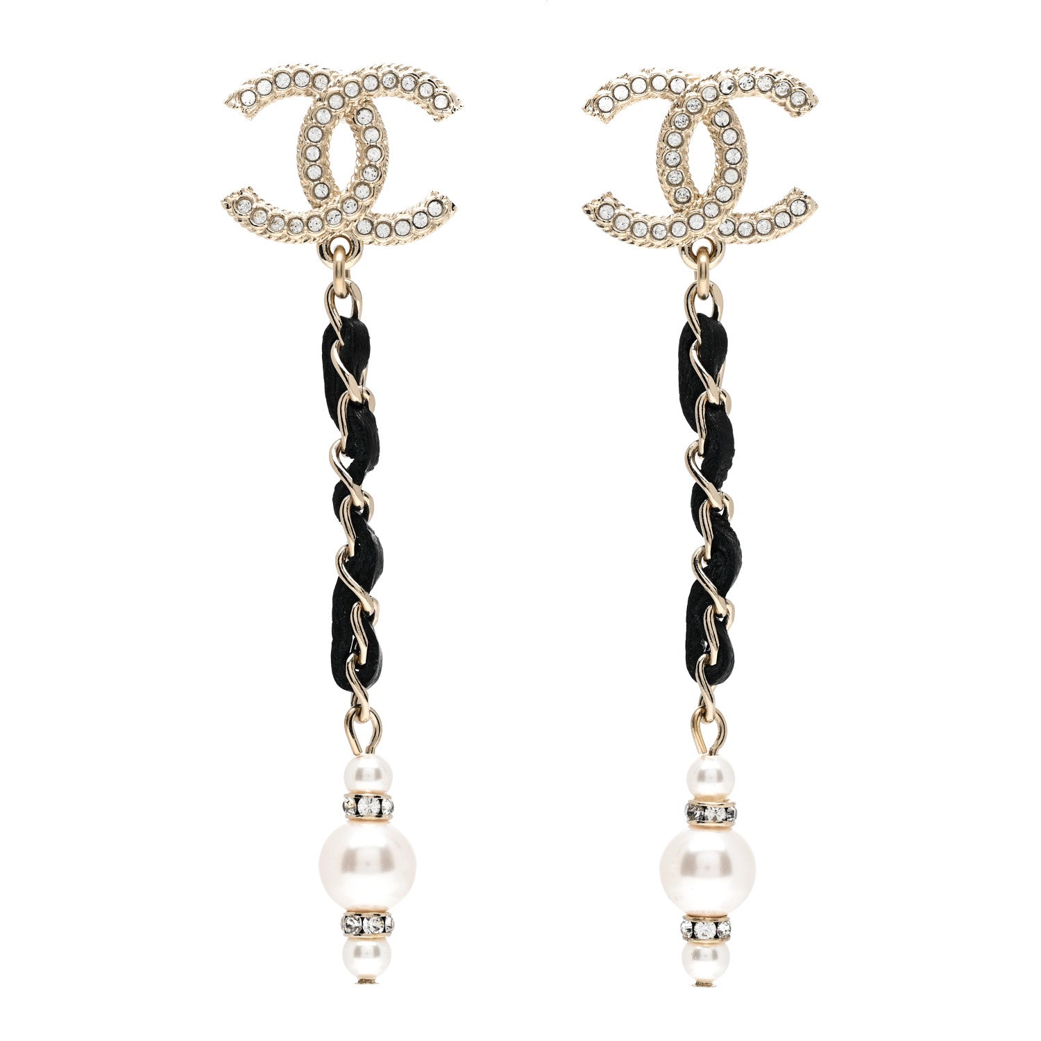 Chanel Lambskin Chain Crystal Pearl CC Drop Earrings Gold 1 of 6