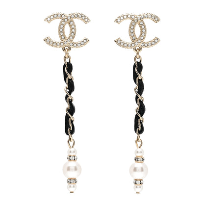 Chanel Lambskin Chain Crystal Pearl CC Drop Earrings Gold 1 of 6