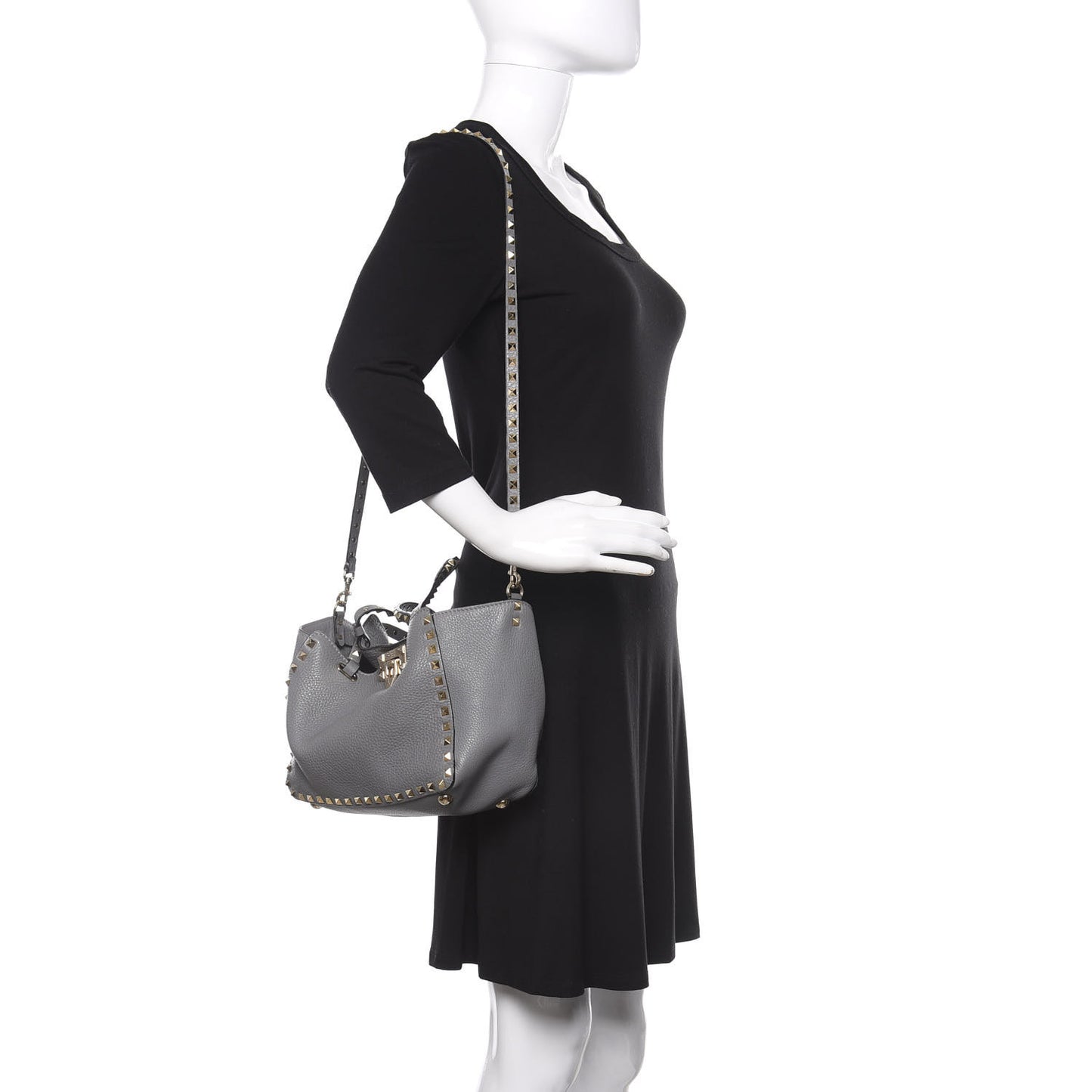 Grained Calfskin Small Rockstud Tote Grey