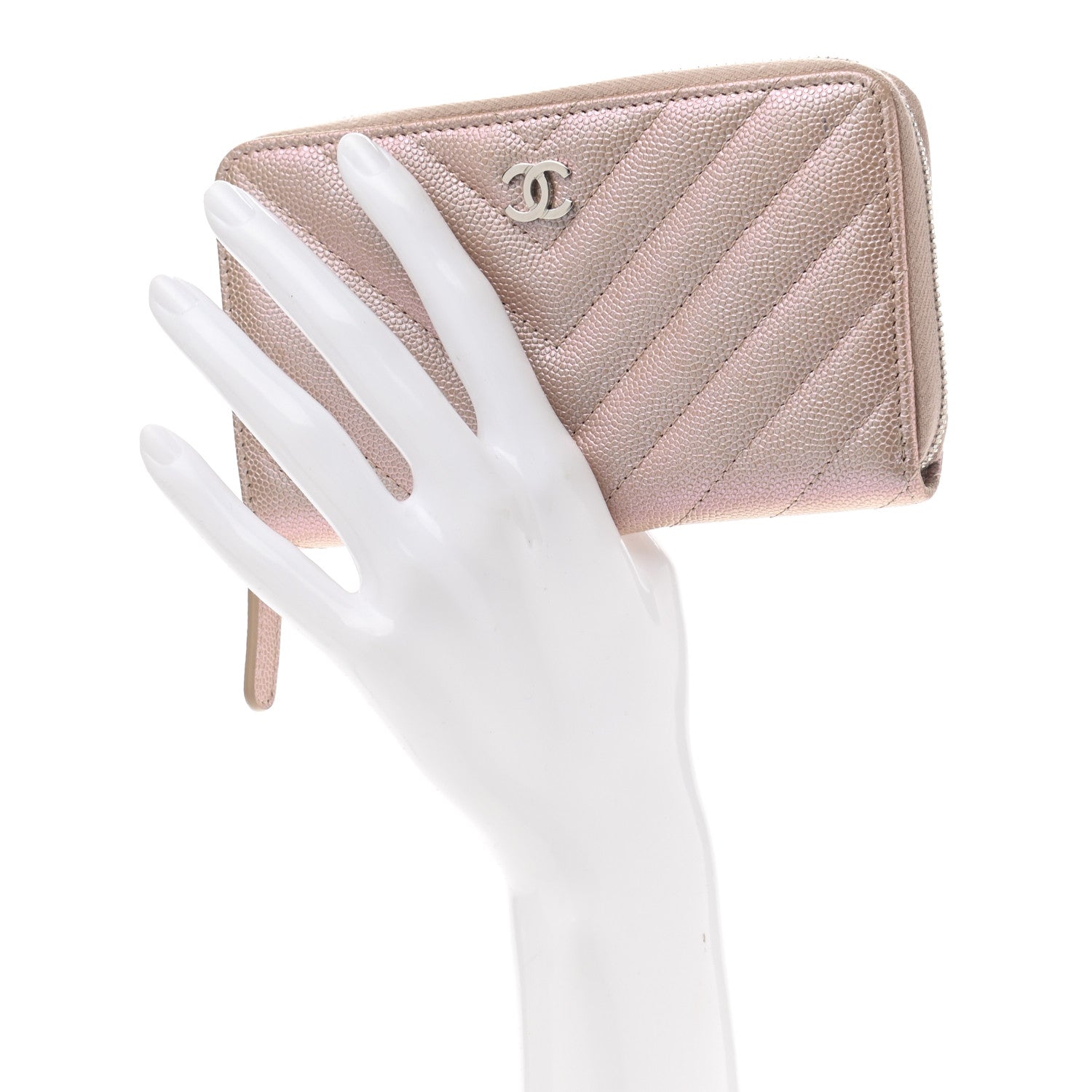 Chanel Iridescent Caviar Chevron Quilted Medium Zip Around Wallet Light Gold 2 of 9