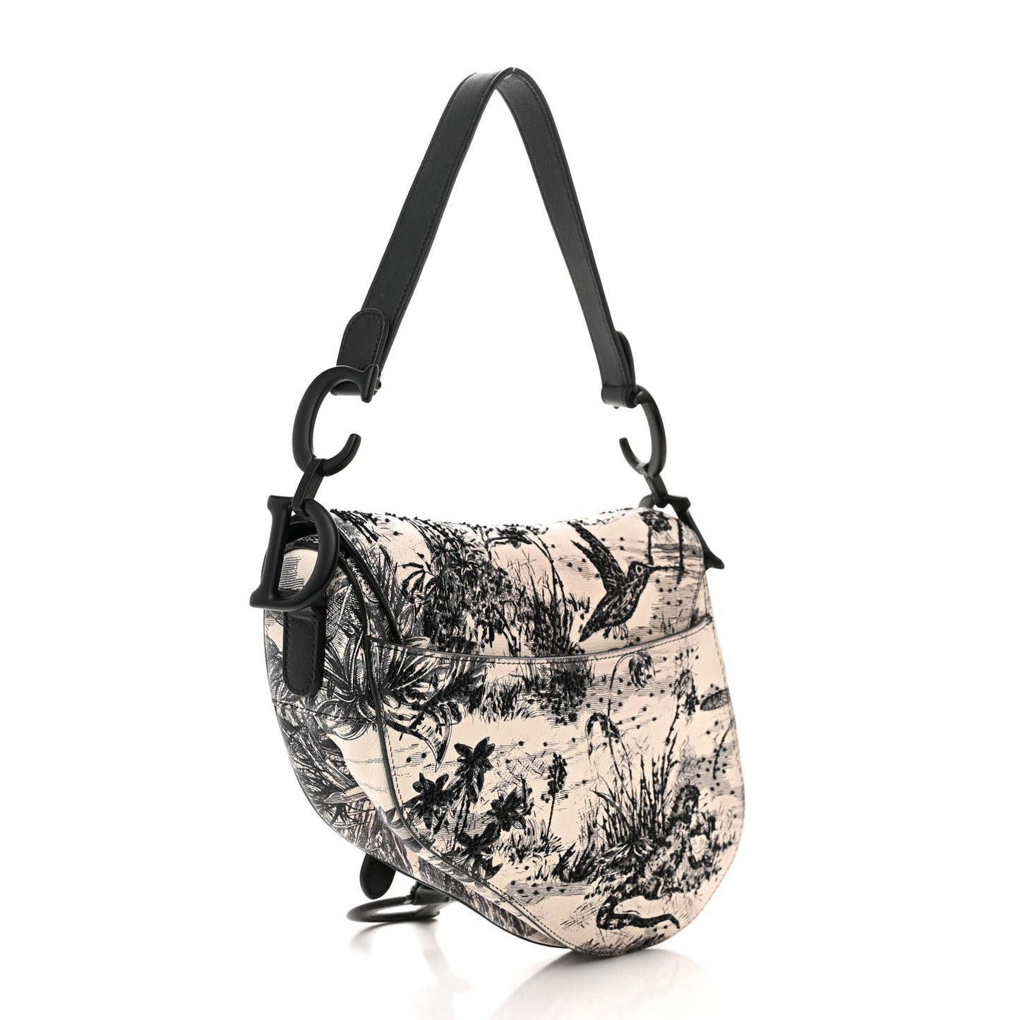 Calfskin Embroidered Palm Tree Toile De Jouy Saddle Bag White Black