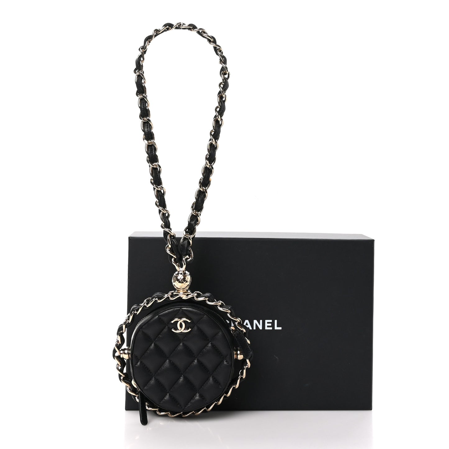 Lambskin Quilted Chain Round Mini Clutch Black