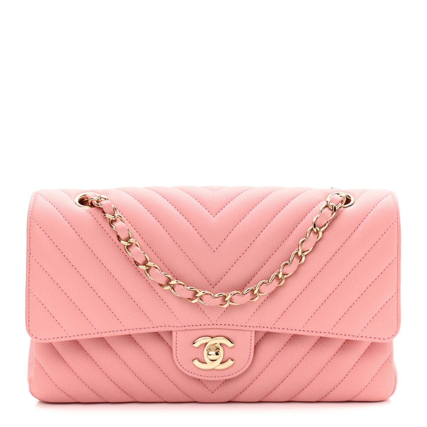 Caviar Flat Chevron Quilted Medium Double Flap Pink