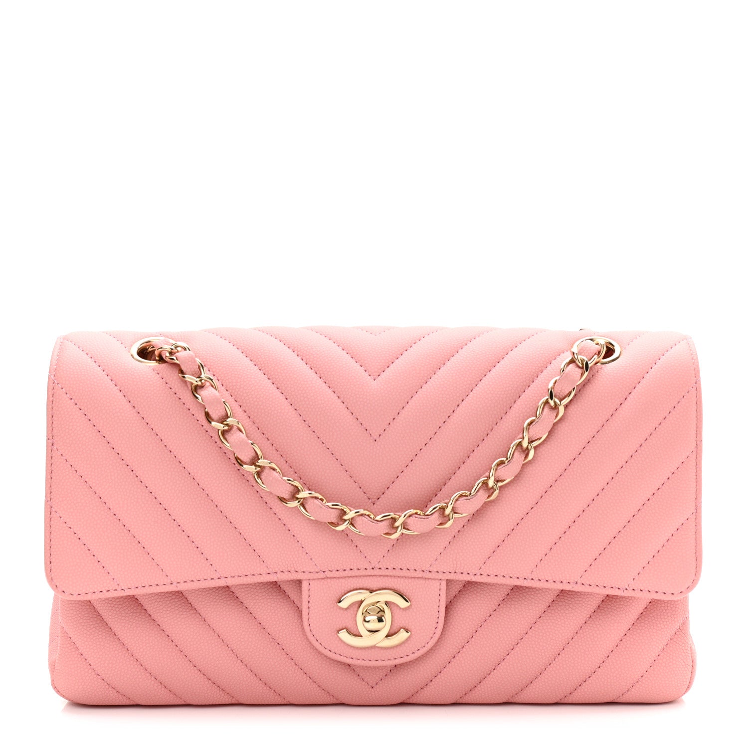 Chanel Caviar Flat Chevron Quilted Medium Double Flap Pink 1 of 11