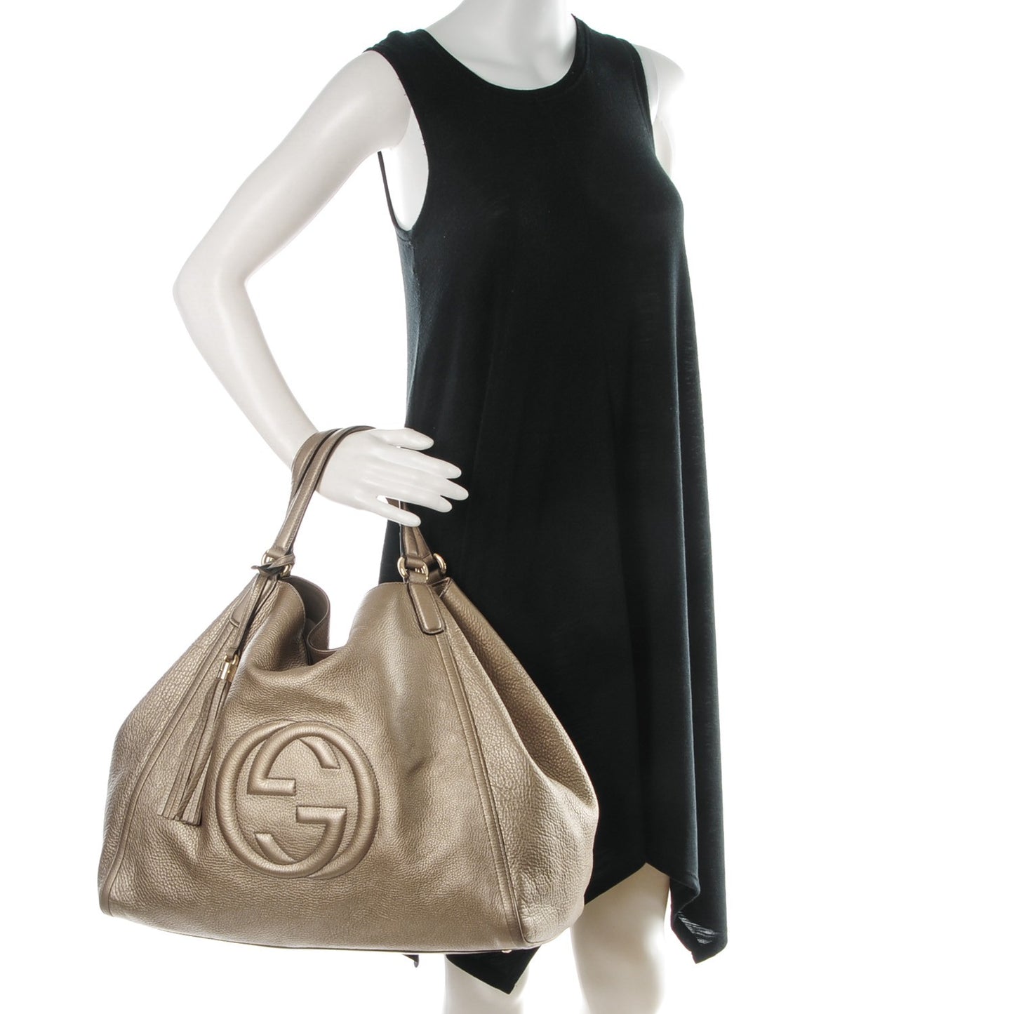 Metallic Pebbled Calfskin Large Soho Shoulder Bag Golden Beige