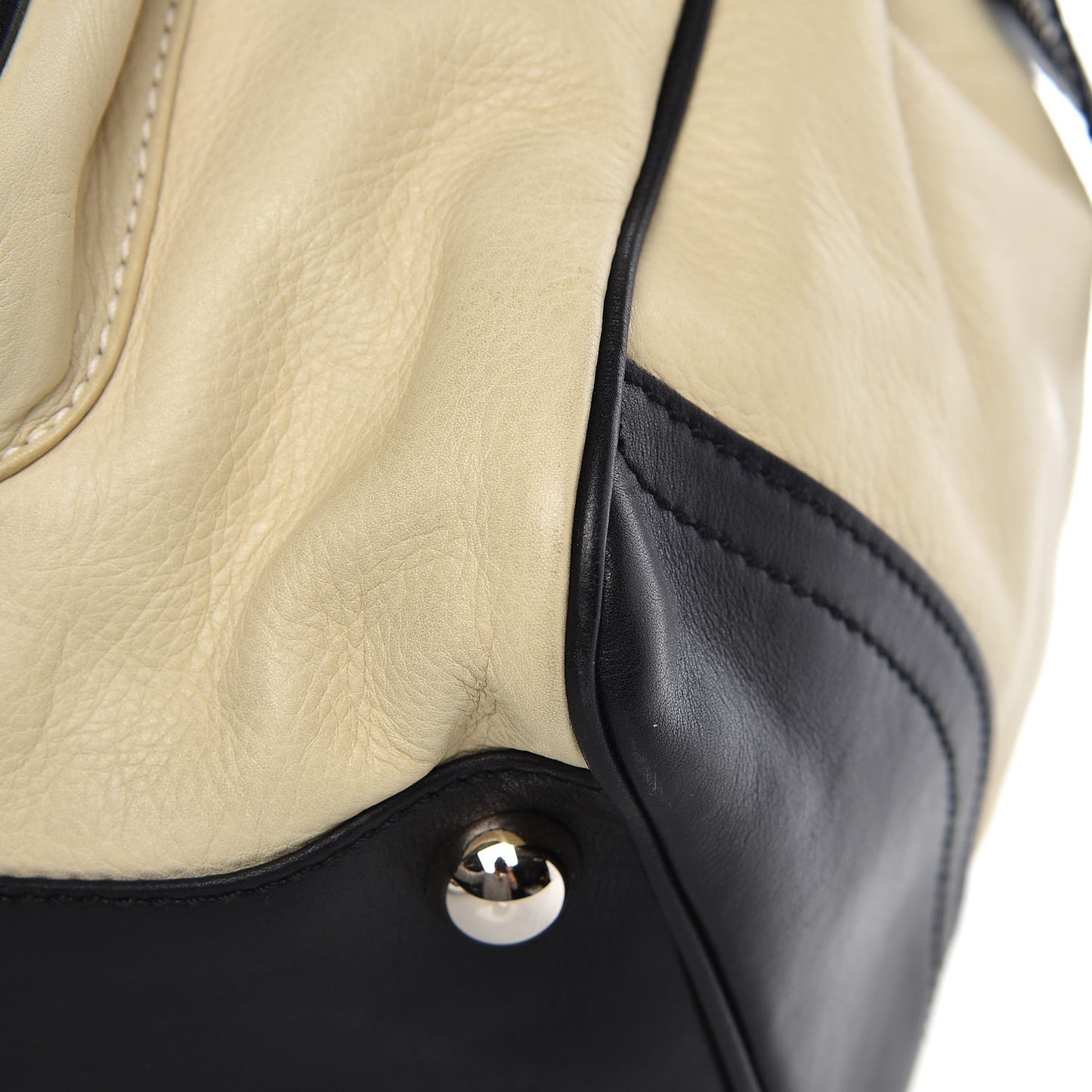 Calfskin Chain Lock Frame Satchel Beige Black