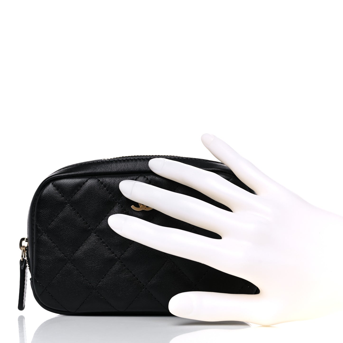 Lambskin Quilted Small Curvy Pouch Cosmetic Case Black