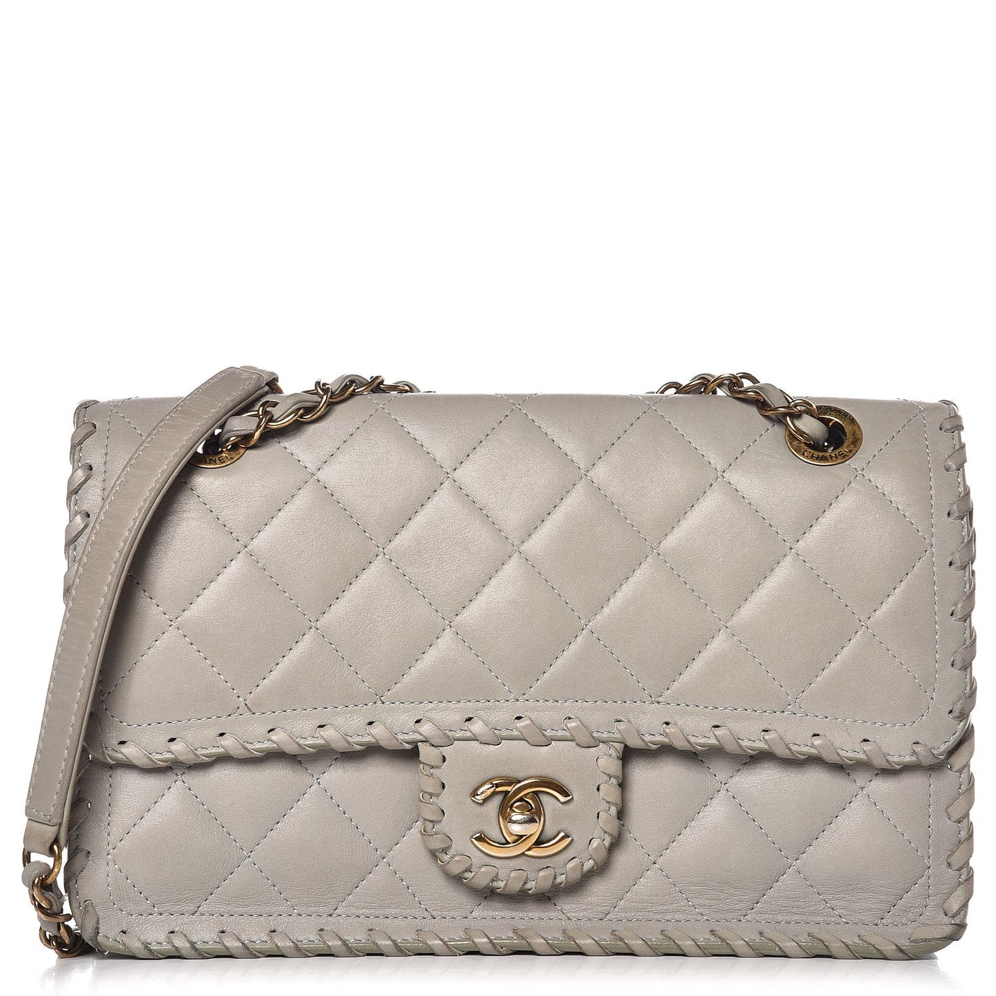 Iridescent Calfskin Medium Happy Stitch Flap Grey
