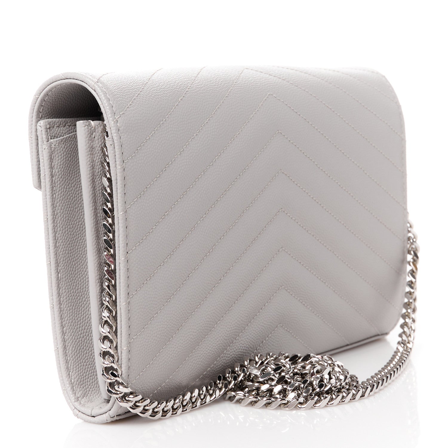 Saint Laurent Grain De Poudre Matelasse Chevron Monogram Chain Wallet Granite 3 of 13