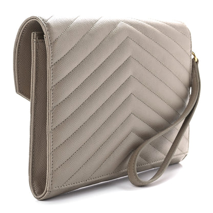 Saint Laurent Grain De Poudre Matelasse Chevron Monogram Envelope Clutch Dark Beige 3 of 11