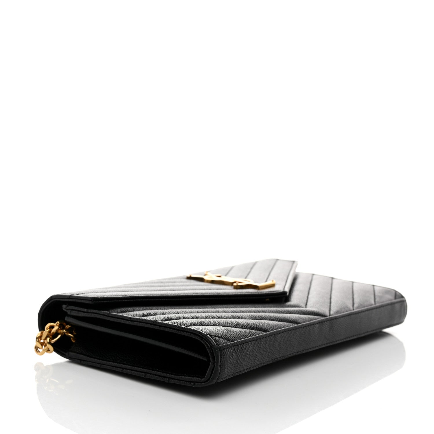 Saint Laurent Grain De Poudre Matelasse Chevron Monogram Chain Wallet Black 4 of 11