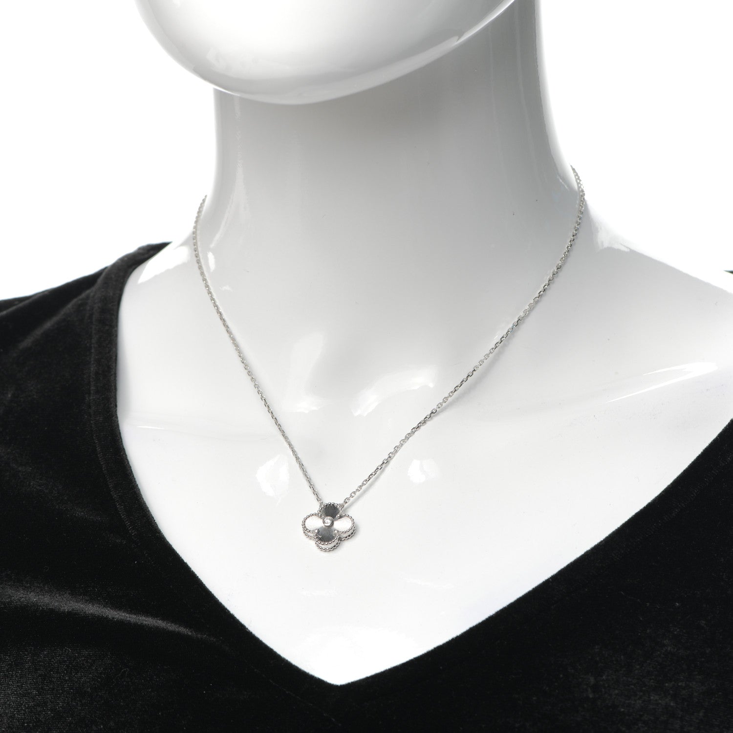 Van Cleef & Arpels 18K White Gold Diamond Guilloche Vintage Alhambra Pendant Necklace 2 of 8